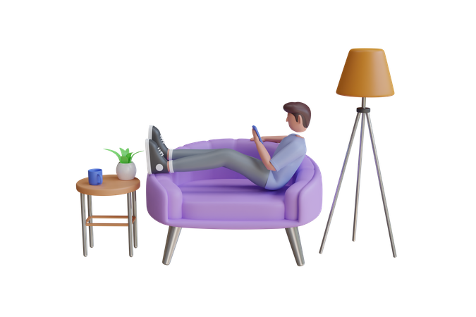 Man Use Mobile while seating on sofa  3D Illustration