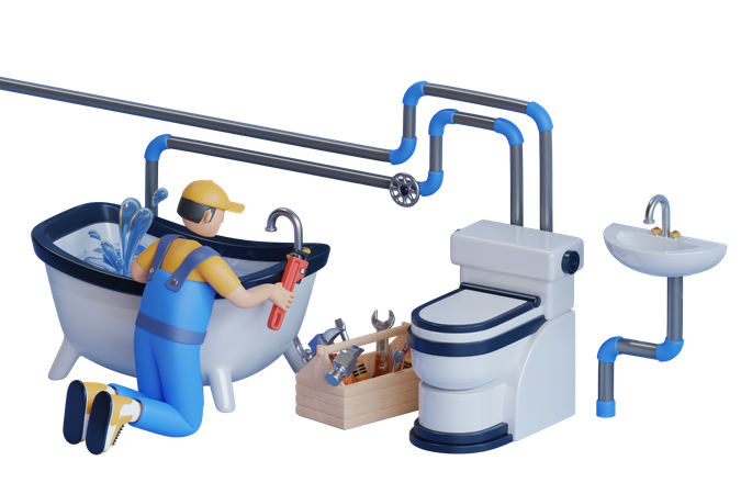 Man Uses Wrench And Sticky Tape To Repair Water Tap In Bathtub  3D Illustration