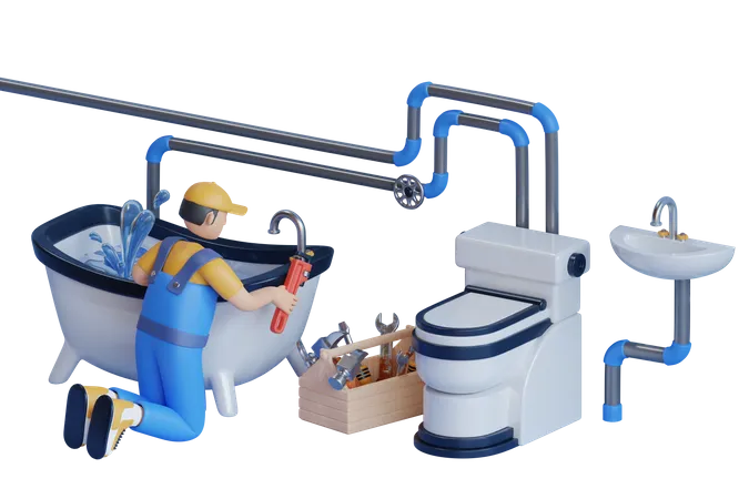 Man Uses Wrench And Sticky Tape To Repair Water Tap In Bathtub  3D Illustration