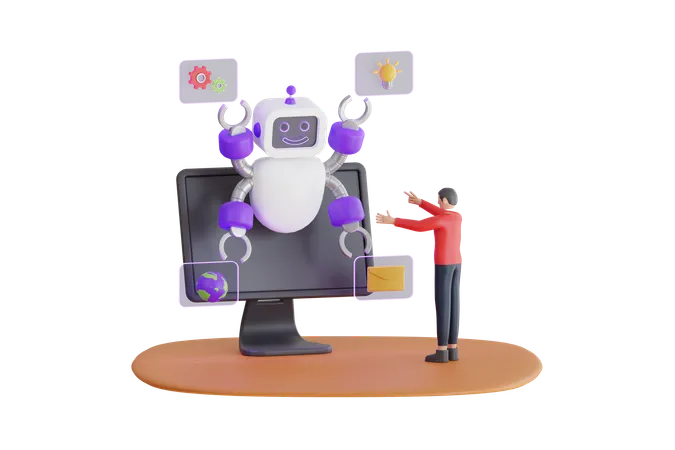 Robot Helps Human To Do Work AI Assistant Support Robot Works With Employer In Office On Laptop 3 D Illustration 3D Illustration