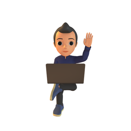 Man Using Laptop And Raising Hand  3D Illustration