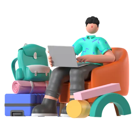 Man Using Laptop In Waiting Room  3D Illustration
