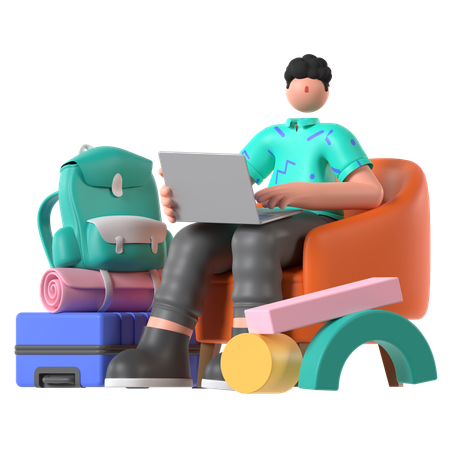 Man Using Laptop In Waiting Room  3D Illustration