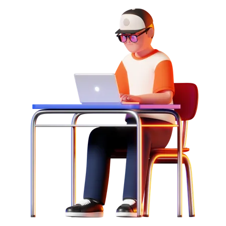 Man Using Laptop While Sitting Being Dead Serious 3D Illustration