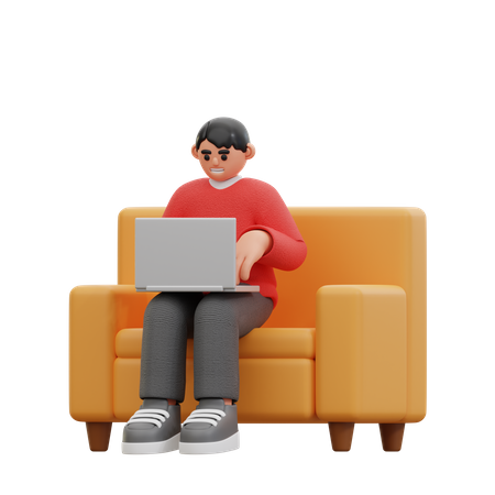 Man using laptop while sitting on chair  3D Icon