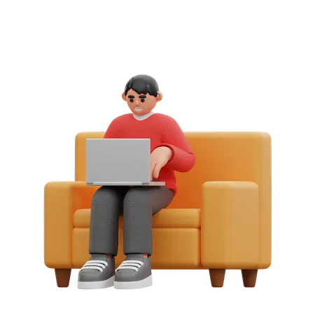 Man using laptop while sitting on chair  3D Icon