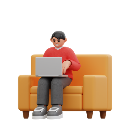 Man using laptop while sitting on chair 3D Icon