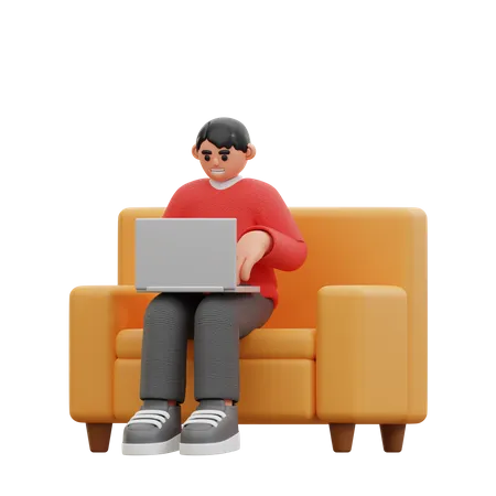 Man using laptop while sitting on chair 3D Icon