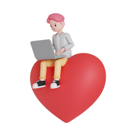 Man using laptop while sitting on heart  3D Illustration