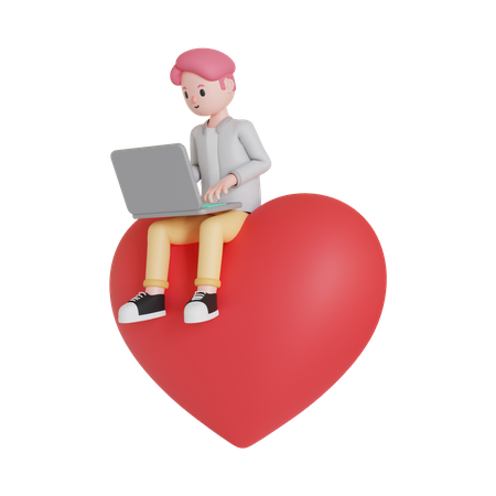 Man using laptop while sitting on heart 3D Illustration