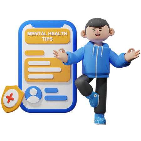 Man Using Mental Health Tips App  3D Illustration