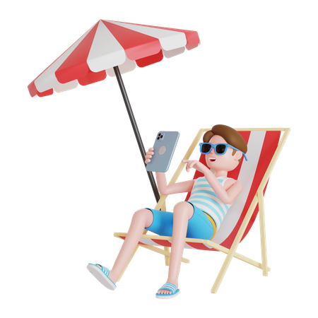 Man using mobile while sitting on beach chair  3D Illustration