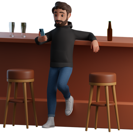 Man using phone at bar counter 3D Illustration