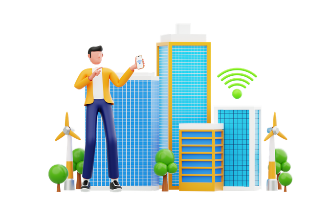 Man Using Phone In Smart City Area  3D Icon