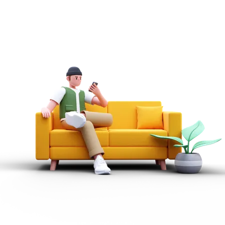 Man Using Phone On Couch  3D Illustration