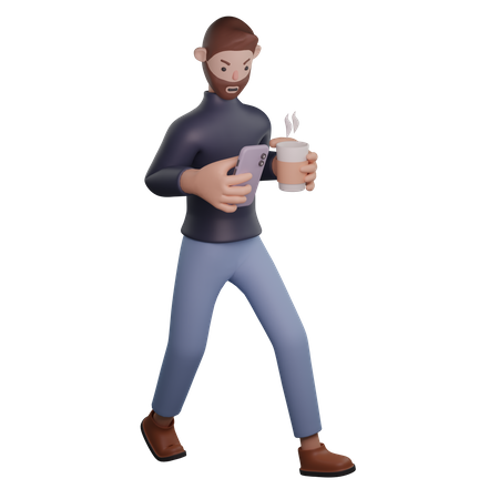 Man using phone while holding coffee  3D Illustration