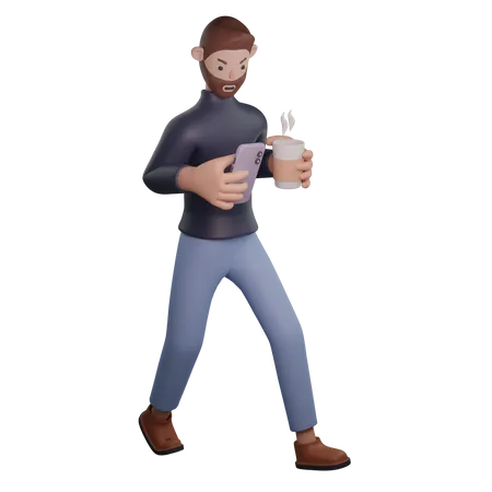 Man using phone while holding coffee 3D Illustration
