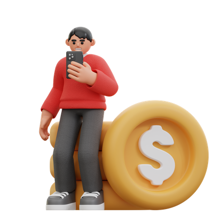 Man Using phone while Sitting on coins  3D Icon