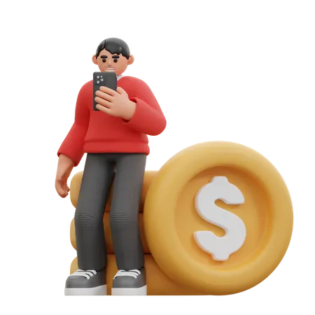 Man Using phone while Sitting on coins 3D Icon