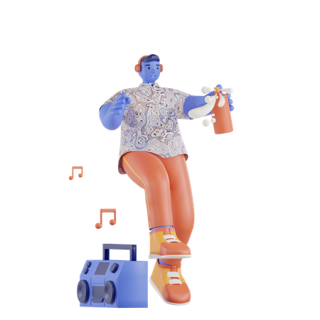 Man using spray cans while listening to music  3D Illustration