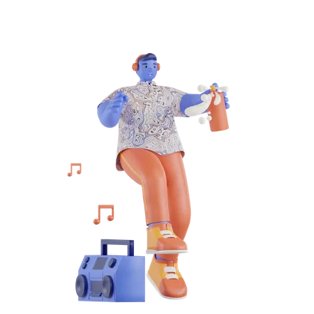 Man using spray cans while listening to music  3D Illustration