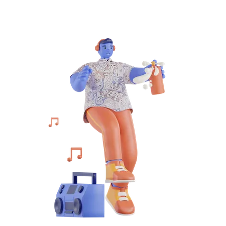 Man using spray cans while listening to music 3D Illustration