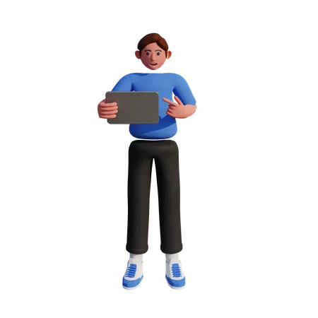 3 D Male Character Holding Tablet Device 3D Illustration