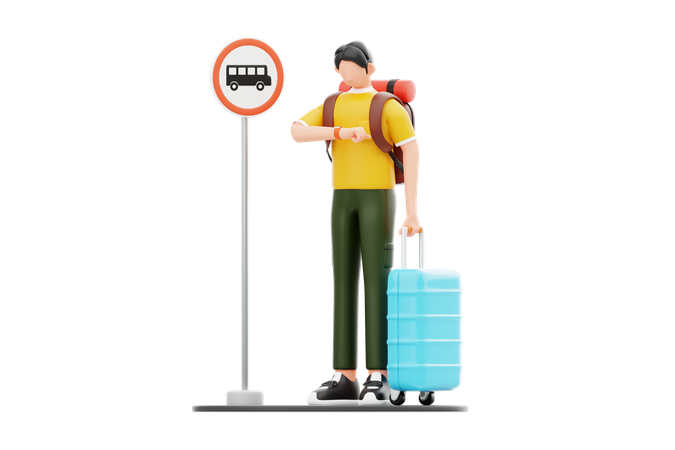 Man Waiting At Bus Stop  3D Illustration