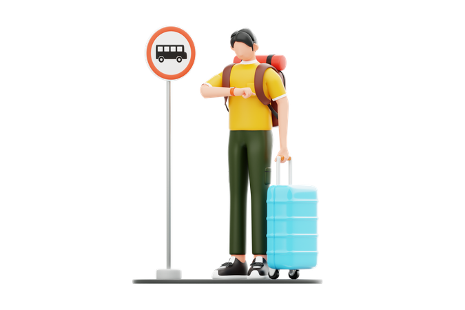 Man Waiting At Bus Stop  3D Illustration