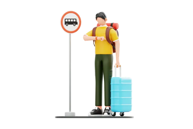 Man Waiting At Bus Stop  3D Illustration