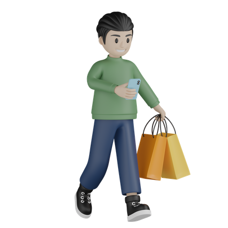 Man walking and watching in mobile  3D Illustration