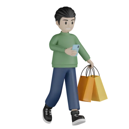 Man walking and watching in mobile  3D Illustration