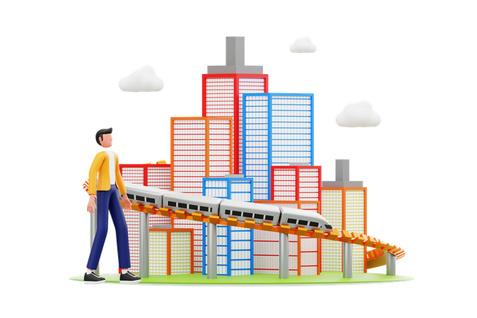 Man Walking And Watching Modern Train Passing City Buildings  3D Illustration