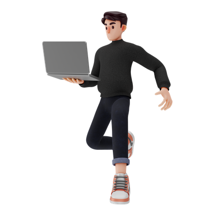 Man walking while holding laptop  3D Illustration