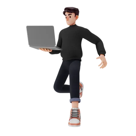 Man walking while holding laptop  3D Illustration