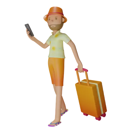 3 D Summer Character Bring Luggage And Smart Phone With Transparent Background 3D Illustration