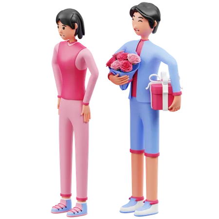 Man want to give gifts and flowers to woman  3D Illustration