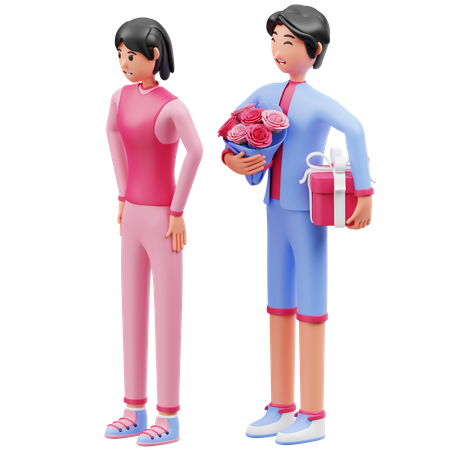 Man want to give gifts and flowers to woman  3D Illustration