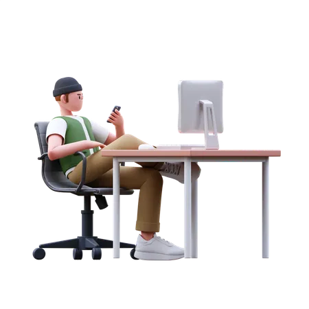 Man Watching In Mobile At Office  3D Illustration