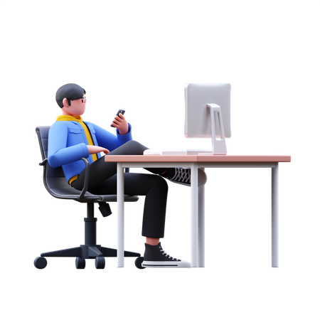 Man Watching In Mobile At Office  3D Illustration