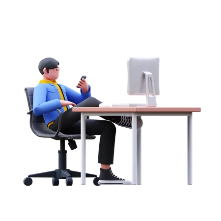 Man Watching In Mobile At Office  3D Illustration