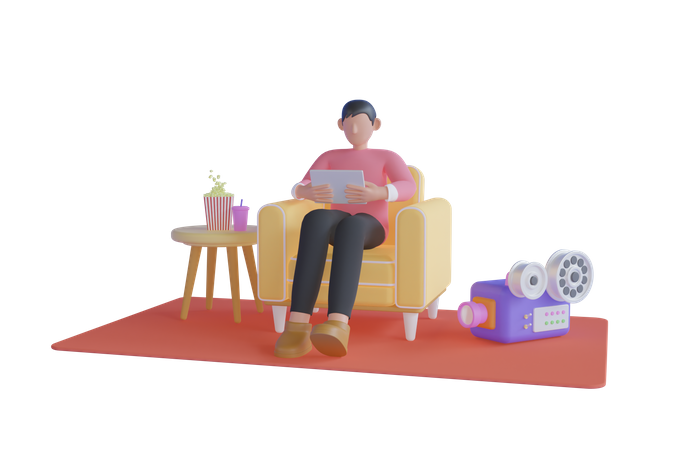 Man Watching movie in Tablet 3D Illustration