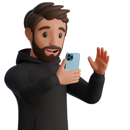 A Man In A Black Hoodie Is Watching Presentation In Mobile Phone 3 D Render Illustration 3D Illustration