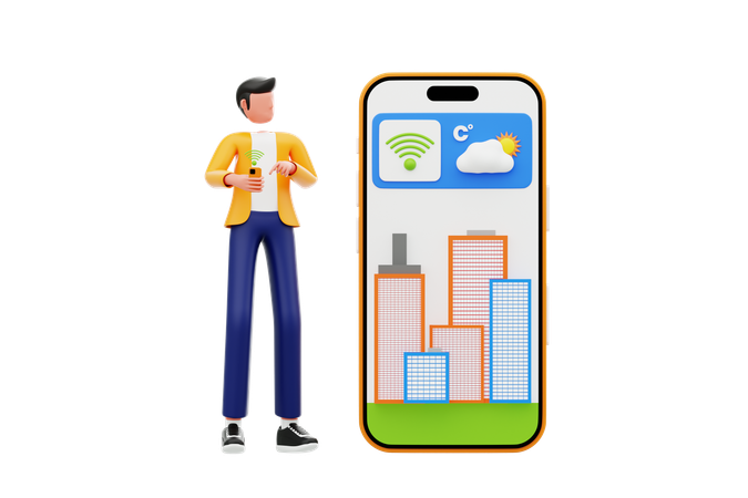 Man Watching Smartphone Shows Smart City Status  3D Icon
