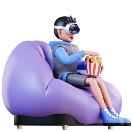 Man Watching Virtual Reality While Eating French Fries  3D Illustration