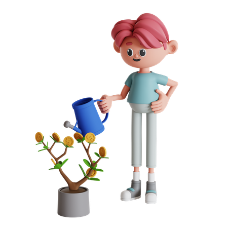 Man Watering Investment Plant  3D Illustration