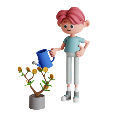 Man Watering Investment Plant  3D Illustration