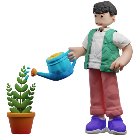 Man Watering Plant Using Watering Can  3D Icon