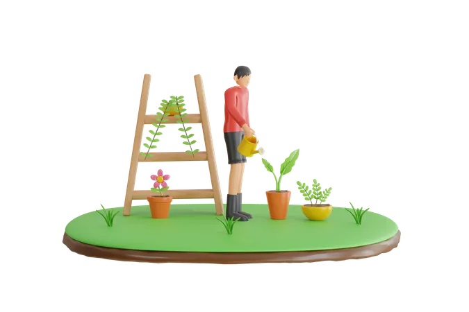 3 D Illustration Of Man Watering Plants Guy With Watering Cans In Home Garden Plants And Flowers 3 D Illustration 3D Illustration