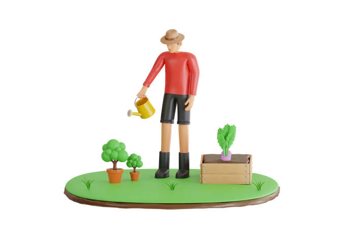 3 D Illustration Of Man Watering Plants Gardening Or Horticulture Concept Guy With Watering Cans In Home Garden Plants And Flowers 3D Illustration